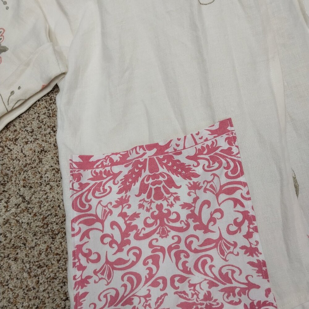 3481 Size XL Long Duster Upcycled from Embroidered Linen /Cotton Tablecloths, . - Picture 4 of 14